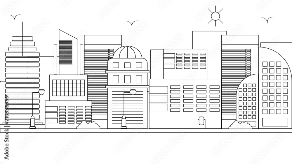 Black and white vector modern skyline buildings background impressive architecture with outline style. Vector line art outline cityscape concept Black and white vector modern skyline buildings background impressive architecture with outline style. Vector line art outline cityscape concept