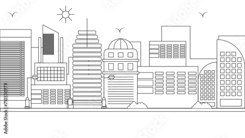 Black and white city building line art vector icon design illustration template background. Vector line art outline cityscape concept