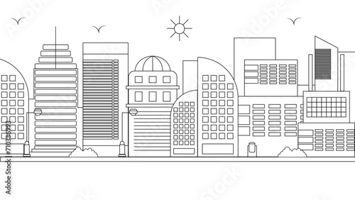 Black and white vector city line with building in outline style background. Vector line art outline cityscape concept