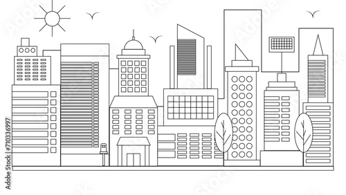 Black and white vector city building line art vector icon design illustration template background. Vector line art outline cityscape concept