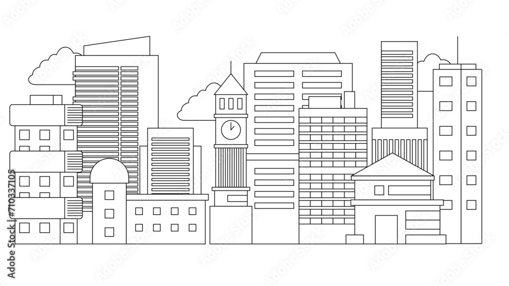 Black and white vector city building line art vector icon design illustration template background