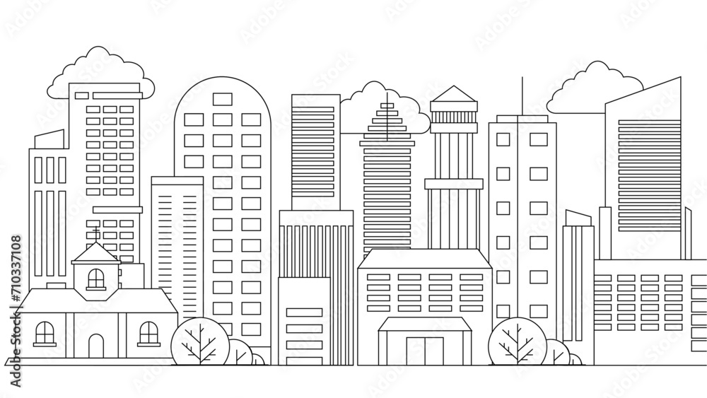 Black and white city building outline illustration background