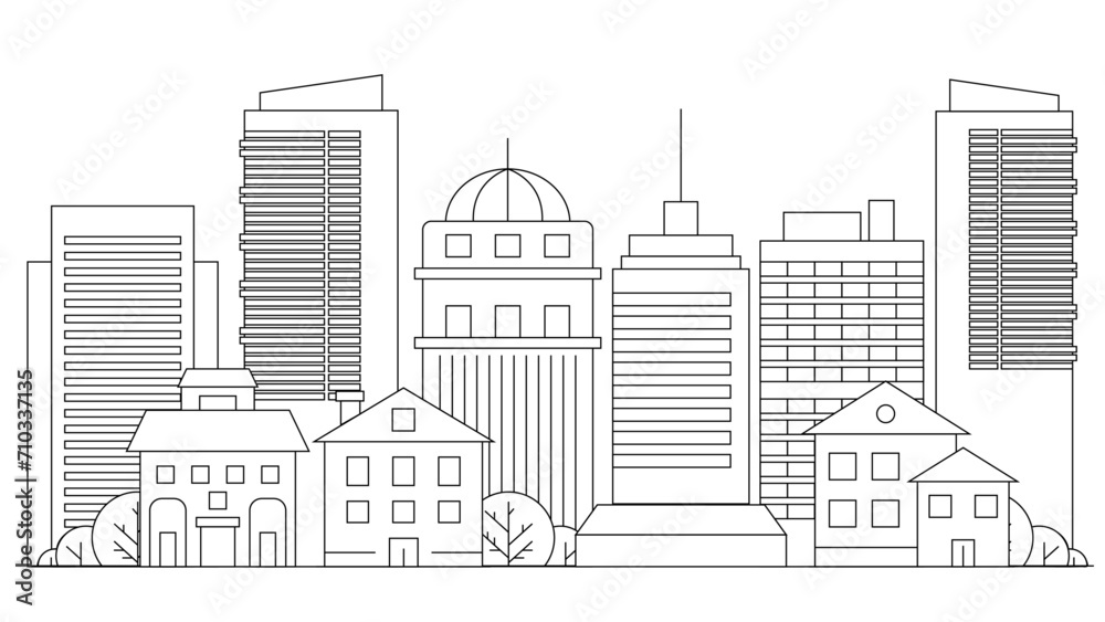 Black and white vector city building line art vector icon design illustration template background City landscape line urban skyline with cloud, building, cityscape hand sketch, flat houses