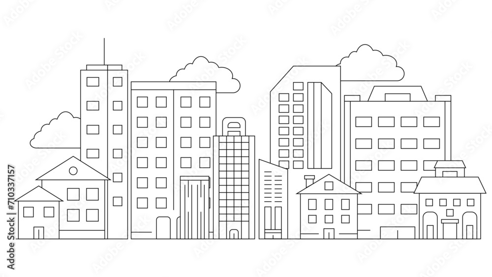 Black and white vector outline building landmarks skyline concept background City landscape line urban skyline with cloud, building, cityscape hand sketch, flat houses