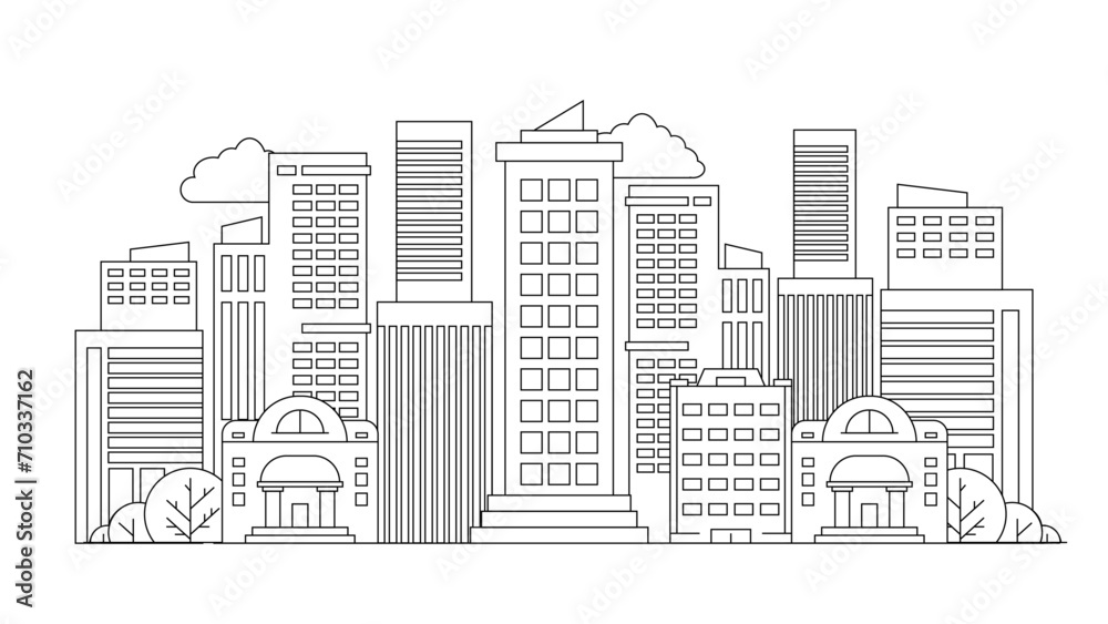 Black and white vector city building line art vector icon design illustration template background City landscape line urban skyline with cloud, building, cityscape hand sketch, flat houses