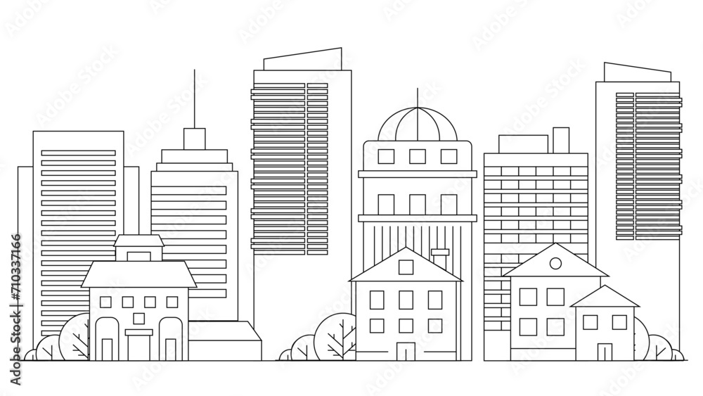 Black and white vector modern city landscape buildings and architecture real estate silhouette vector background City landscape line urban skyline with cloud, building, cityscape hand sketch, flat