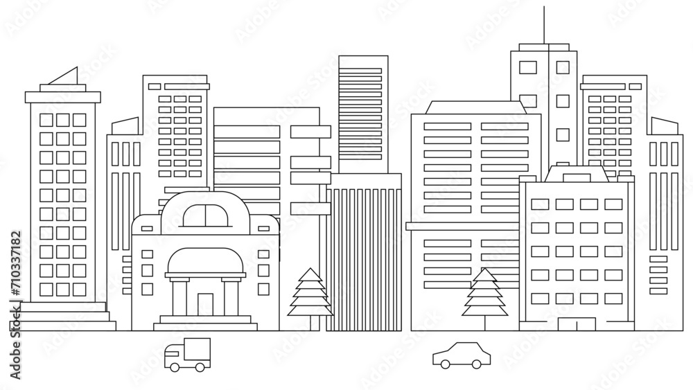 Black and white vector city building line art vector icon design illustration template background City landscape line urban skyline with cloud, building, cityscape hand sketch, flat houses