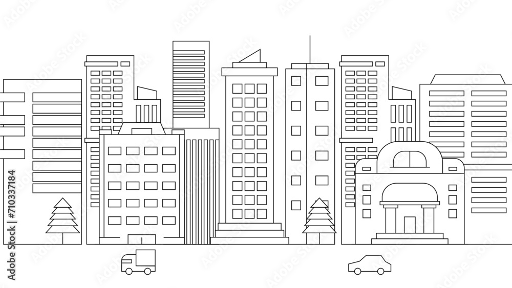 Black and white vector building modern city black background City landscape line urban skyline with cloud, building, cityscape hand sketch, flat houses