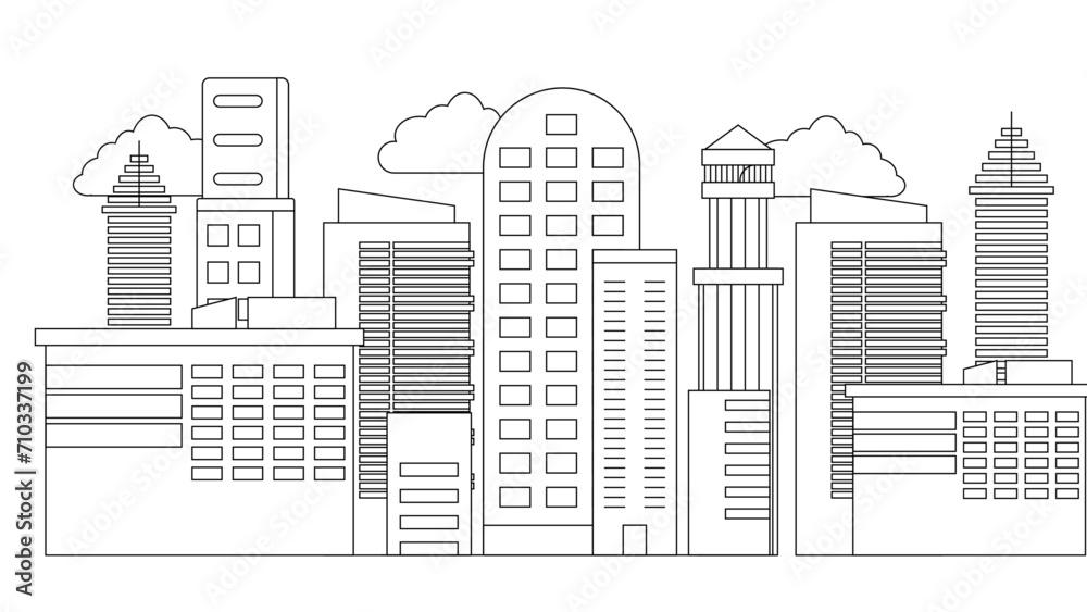Black and white vector modern city landscape buildings and architecture real estate silhouette vector background City landscape line urban skyline with cloud, building, cityscape