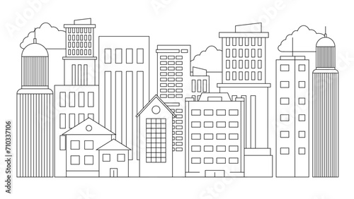 Black and white vector modern skyline buildings background impressive architecture with outline style City landscape line urban skyline with cloud, building, cityscape hand sketch, flat houses