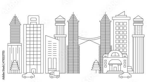 Black and white vector building modern city black background City landscape line urban skyline with cloud, building, cityscape hand sketch, flat houses