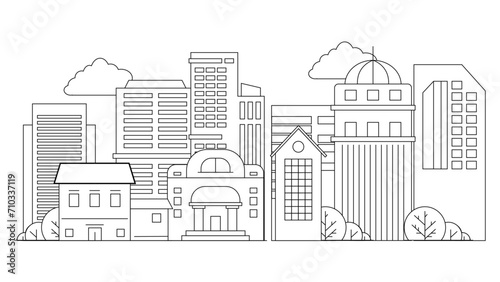 Black and white city building line art vector icon design illustration template background City landscape line urban skyline with cloud  building  cityscape hand sketch  flat houses