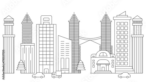 Black and white vector city building line art vector icon design illustration template background City landscape line urban skyline with cloud  building  cityscape hand sketch  flat houses