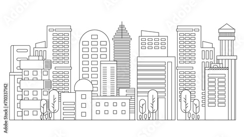 Black and white city building line art vector icon design illustration template background City landscape line urban skyline with cloud  building  cityscape hand sketch  flat houses