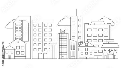 Black and white vector outline cityscape on white background  modern city skyline  city silhouette  vector illustration in flat design City landscape line urban skyline with cloud  building