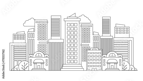 Black and white vector city building line art vector icon design illustration template background City landscape line urban skyline with cloud  building  cityscape hand sketch  flat houses
