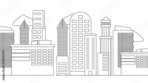 Black and white vector outline landmarks skyline with buildings city background City landscape line urban skyline with cloud, building, cityscape hand sketch, flat houses