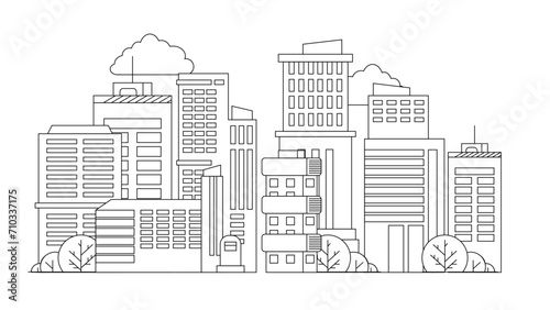 Black and white vector city line with building in outline style background City landscape line urban skyline with cloud  building  cityscape hand sketch  flat houses