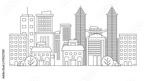 Black and white vector modern skyline buildings background impressive architecture with outline style City landscape line urban skyline with cloud  building  cityscape hand sketch  flat houses
