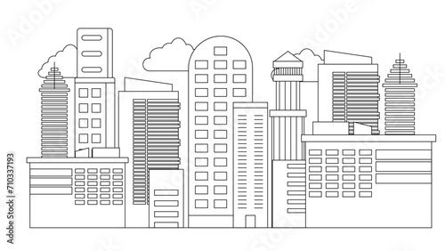 Black and white city building line art vector icon design illustration template background City landscape line urban skyline with cloud  building  cityscape hand sketch  flat houses