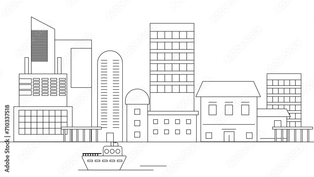 Black and white vector modern skyline buildings background impressive architecture with outline style