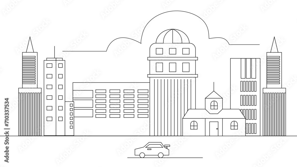 Obraz premium Black and white vector outline cityscape on white background, modern city skyline, city silhouette, vector illustration in flat design