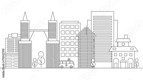 Black and white vector city building line art vector icon design illustration template background