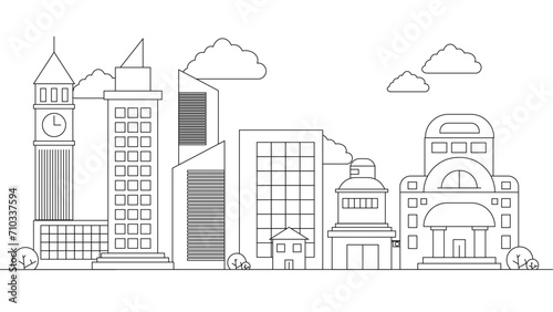 Black and white vector city line with building in outline style background