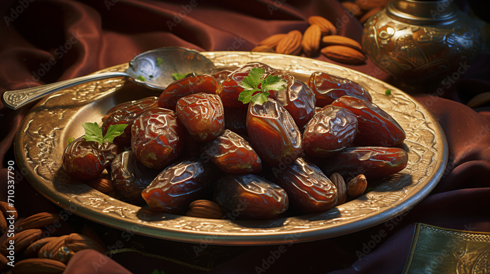 An ornate platter with luxurious organic tasty dates and nuts, illuminated by candlelight for an intimate setting. An ornate platter with luxurious organic tasty dates and nuts, illuminated by candlelight for an intimate setting.