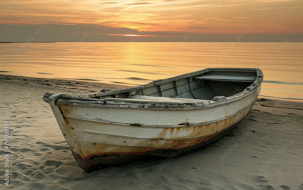 Old Wooden Fishing Boat on a tranquil beach at sunset