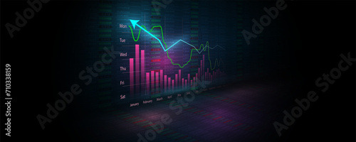 The background image shows a stock market graph screen showing financial results in the online world
