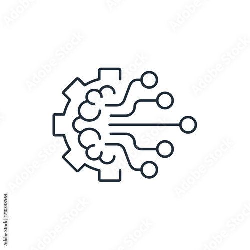 Electronic brain, processor. Digital transformation. Information processing by artificial intelligence. Electronic thinking.Vector linear icon isolated on white background.