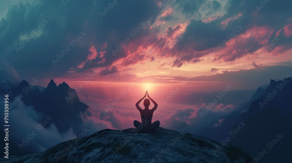 Background features a silhouette of a woman immersed in yoga or meditation, leaving ample space for accompanying text - obrazy, fototapety, plakaty 