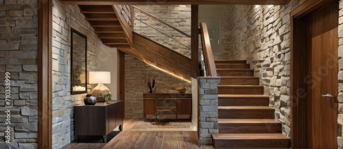 Home entrance hallway. Staircase and stone wall. Generative AI technology. © Hero Design