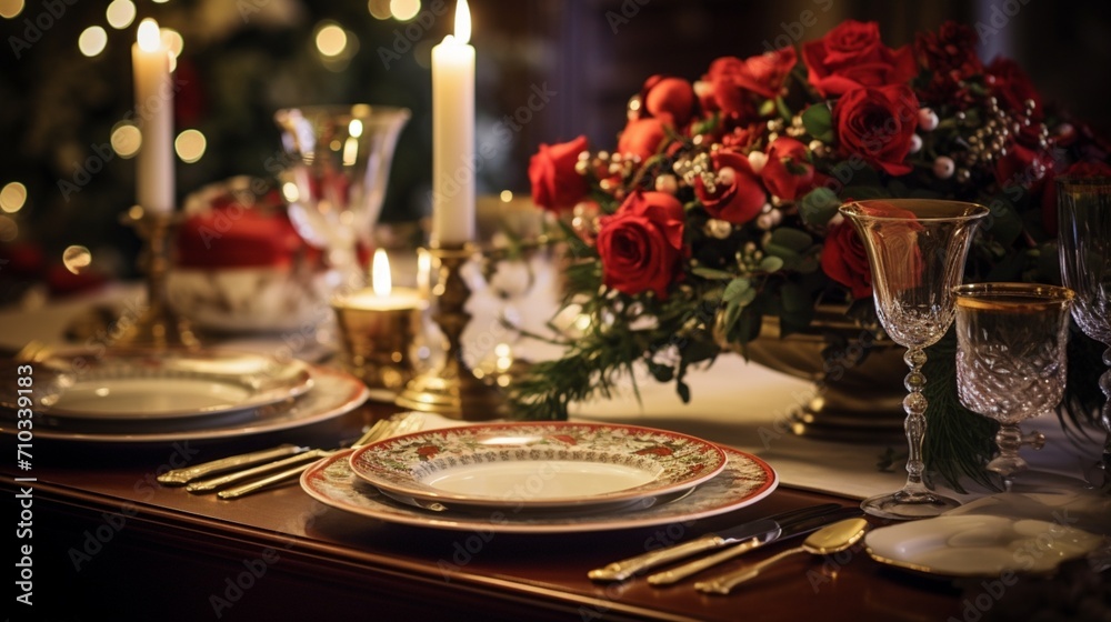  a beautifully set Christmas dinner table, with fine china, sparkling glassware, and elegant centerpieces, showcasing the sophistication and attention to detail that accompany festive holiday feasts.