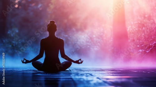 Serene background with a woman's silhouette engaged in yoga or meditation, allowing sufficient space for text placement.
 photo