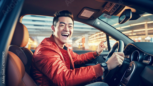車の中で笑顔の男性 man with a smile inside car AI生成画像
