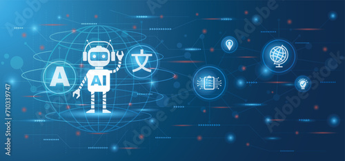 AI, artificial intelligence Instant Translation Concept. Ai Help to Translate Worldwide Language on Online App. Self-Learning Computing System Processing Data Technology. Flat Vector Web Banner.
