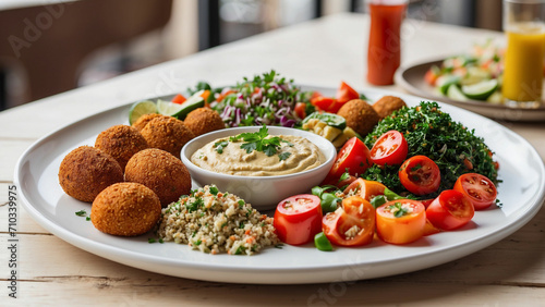 a photo of a veg food plate on a white wooden table in a restaurant setting vibrant Mediterranean flavors with dishes like falafel  hummus  tabbouleh  and grilled vegetables