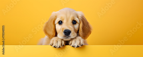 Golden puppy at bright solid color backgroundbright color light, bright lighting, bright color
