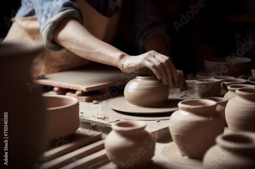 Ceramists owner pottery ceramic. Experienced and accomplished craftsman working. Generate AI