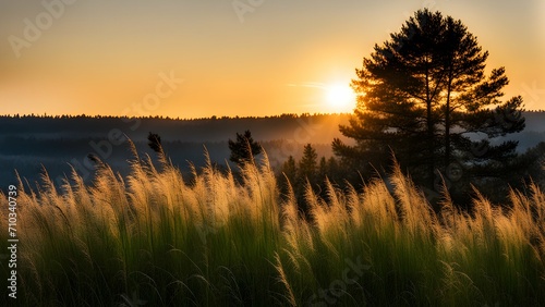 Wild grass against the backdrop of a sunlit forest at sunset.  ©    Laiba Rana