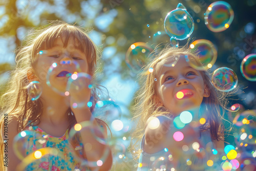 family smiling in the field with kids blowing bubbles