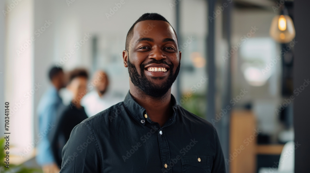 Portrait of a handsome smiling black businessman boss standing in his modern business company office. Portrait of a handsome smiling black businessman boss standing in his modern business company office.
