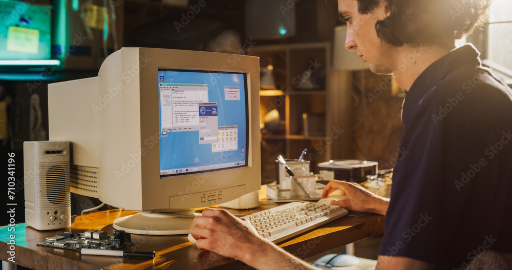 Caucasian Male College Student Using Old Desktop Computer In Nineties ...