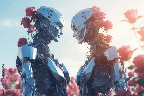 Futuristic robots relationship. Humanoid and romantic cyborgs with beautiful flowers. Generate AI photo