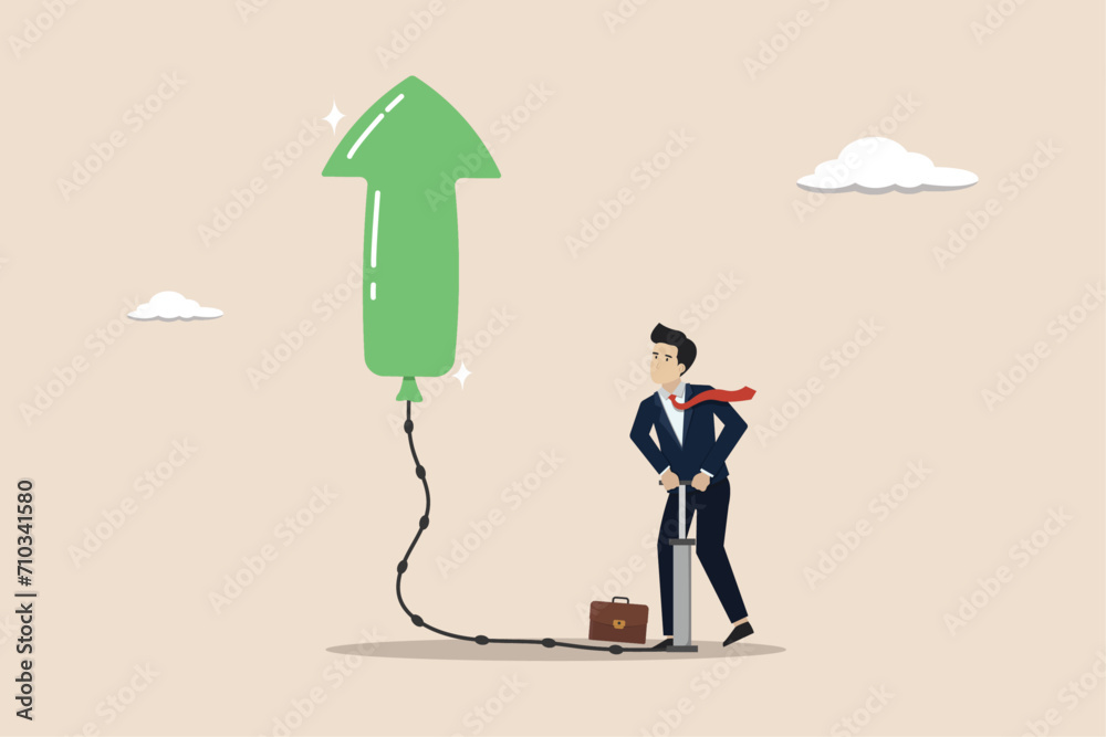 Growing business, raising income or growth, interest rate or inflation, businessman inflate air pump into floating green arrow up. Growing business, raising income or growth, interest rate or inflation, businessman inflate air pump into floating green arrow up.