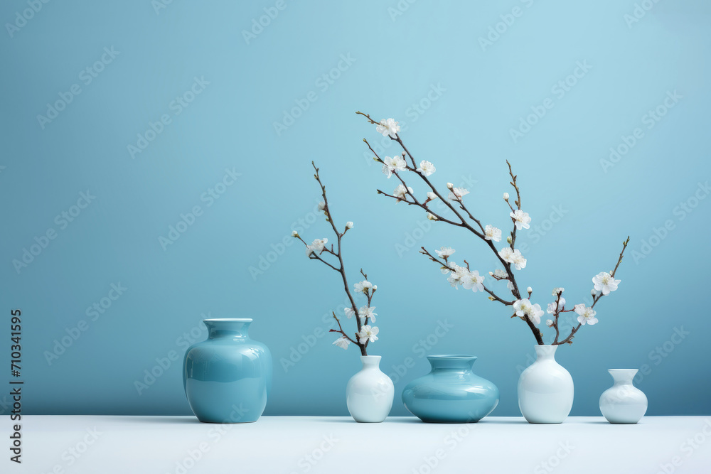 Clean simple spring background - small vases with delicate cherry blossom tree branches isolated on blue wall on white table. Front view, copy space. Mothers day, Hello spring, Easter flyer design