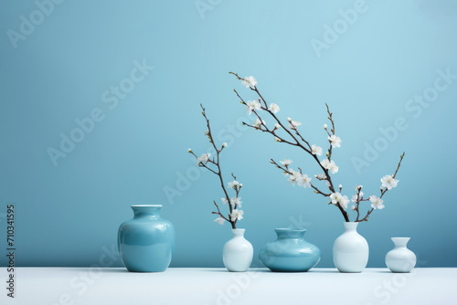 Clean simple spring background - small vases with delicate cherry blossom tree branches isolated on blue wall on white table. Front view, copy space. Mothers day, Hello spring, Easter flyer design