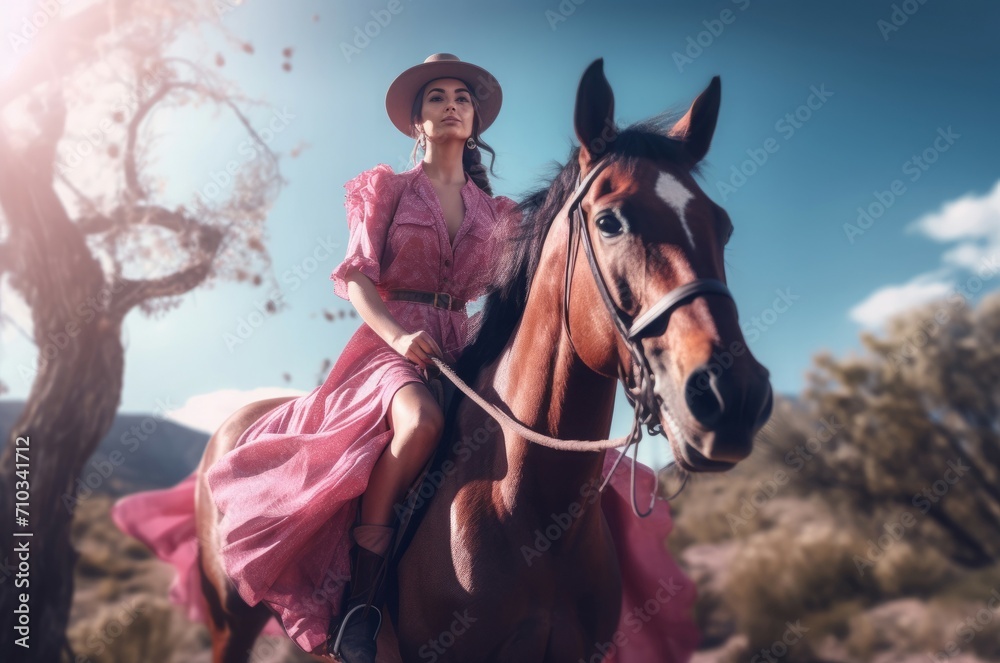 Girl pink dress horse. Young and elegance woman with stylish outfit. Generate AI